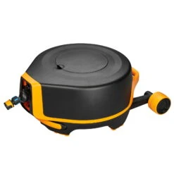 Fiskars Schlauchwagen Waterwheel Automatik XL, Für ½'-5/8", Schlauchdüse, Rasenspieß, Schwarz-orange -Stilvoller Gartenbedarfsladen 0930200501 Schlauchwagen Automatik XL mit Raedern 360 78975